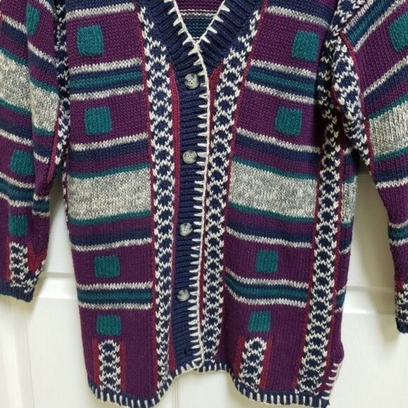 Gina Peters Sweater Women M Purple Gray Stripe Knit Cardigan Button Whipstitch - Picture 4 of 8